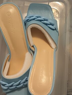 Chain-Accent Square Toe Slide Mules in Light Blue - Women